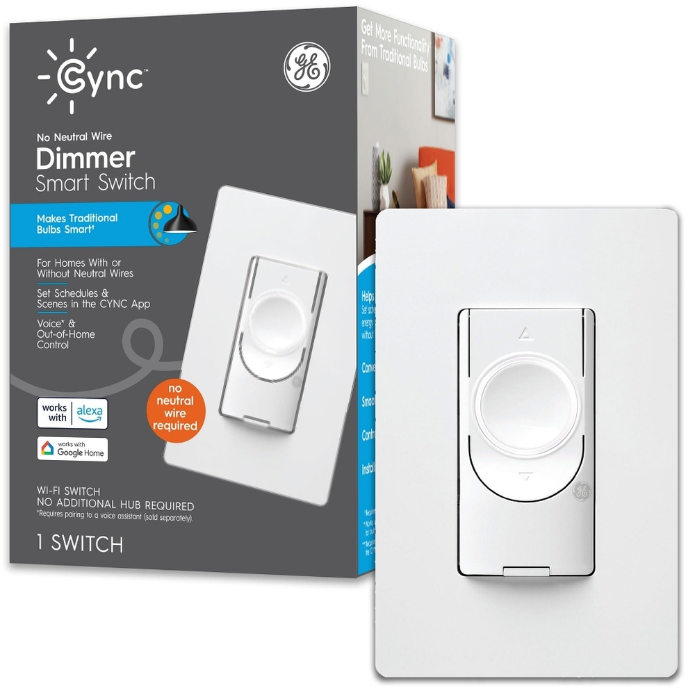 GE CYNC Smart Dimmer Light Switch, No Neutral Wire Required: GE Household White